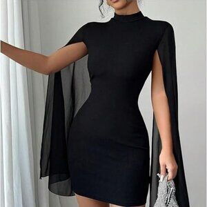 Sexy Glitter Mini Dress Mock Neck Cloak Sleeve Cocktail Shimmering Elegant Dress